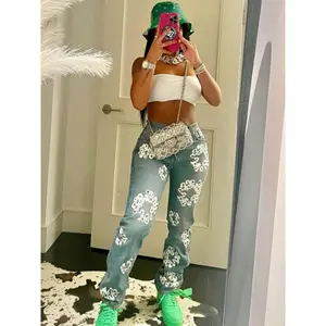 Fashion Women's Clothing Stretch Denim Fabric Kapok Printed Denim Trousers Cotton Jeans Pants Womenswear Black Basic Bottom Spandex