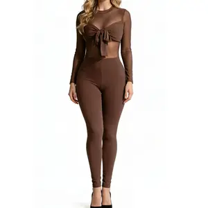 SHAPESHE Women's Bow Mesh Long Sleeve Jumpsuit See-through Bodysuit for Outing Rompers
