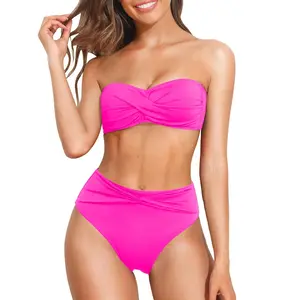 Tempt Me Women Bandeau Bikini Set Twist Strapless Two Piece Swimsuit High Cut High Waisted Bathing Suits