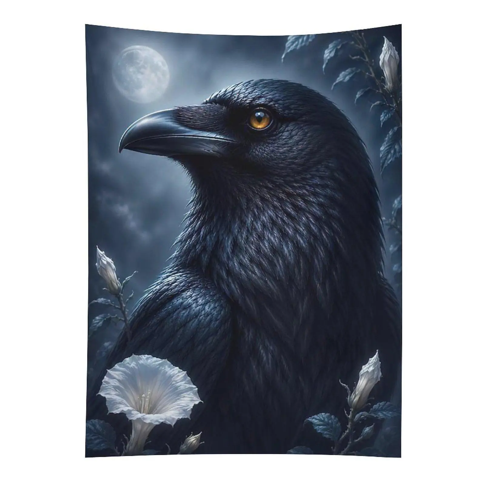 Black Raven Moon Tapestry Gothic Bird Dark Floral Wall Hanging Decor