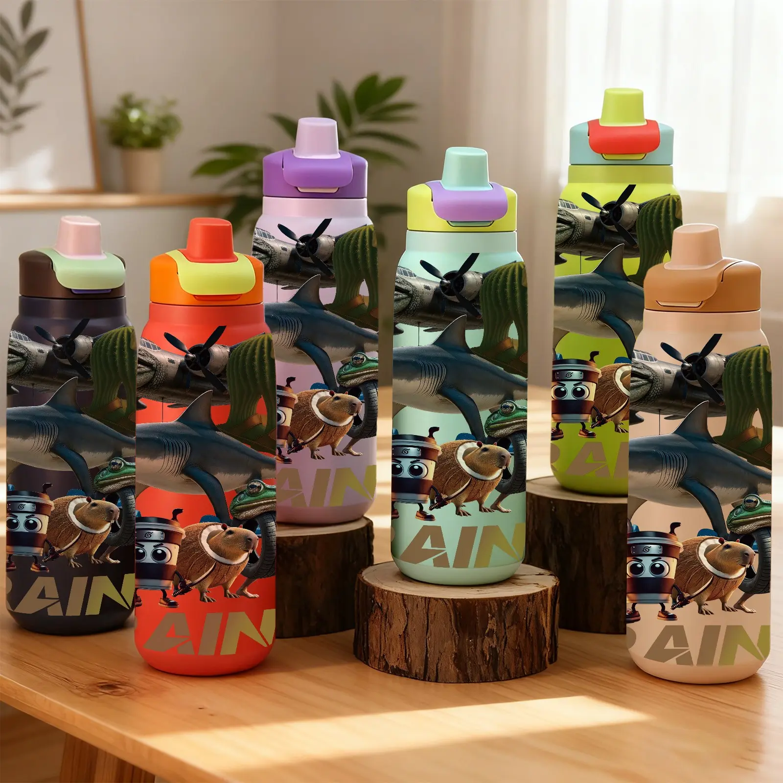 Auracup 28oz Insulated Water Bottle with Handle and Straw, Animal Adventure Print Kids Sports Bottle, Leakproof Flip Lid Stainless Steel Tumbler, Insulated Travel Drinkware, BPA Free Reusable Water Bottle, Insulation Drinkware for School, Travel, Gym