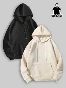 Unisex Men's Plus Size Solid Drop Shoulder Drawstring Pullover Hoodie, Fashion Casual Loose Pocket Hooded Sweatshirt for Daily Holiday Outdoor Wear, Men Clothes for Fall & Winter
