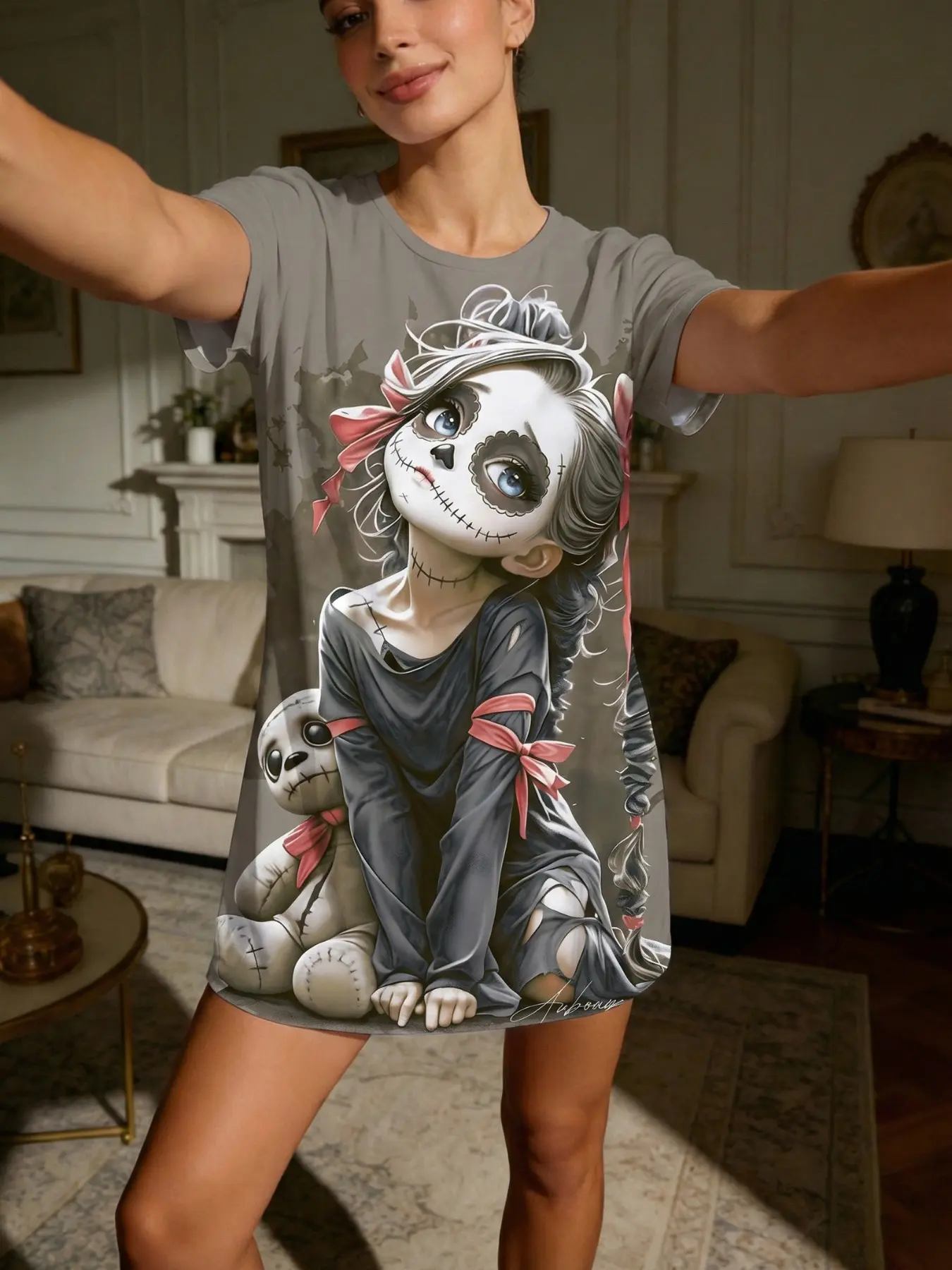 Tiktok Trendy Dope Girl Skull Print Short Sleeve Round Neck Sleepwear, Daily Wearing Nightdress, Nightgown, Vintage Dark Gothic Women's Pajamas, Casual Loose Fit Home Wear Loungewear Womenswear Homewear