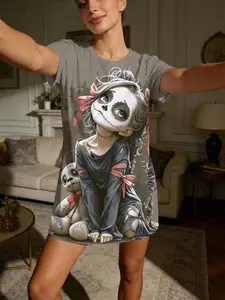 Tiktok Trendy Dope Girl Skull Print Short Sleeve Round Neck Sleepwear, Vintage Dark Gothic Women's Pajamas, Casual Loose Fit Home Wear Loungewear