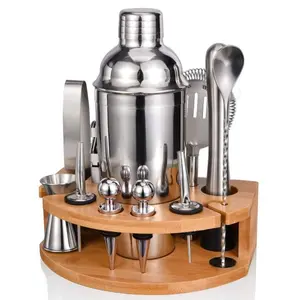 Bartender Kit with Stylish Bamboo Stand, 12 Piece 25oz Cocktail Shaker Set for Mixed Drink, Professional Stainless Steel Bar Tool Set, Gift for Man Dad- Cocktail Recipes Booklet (Silver)