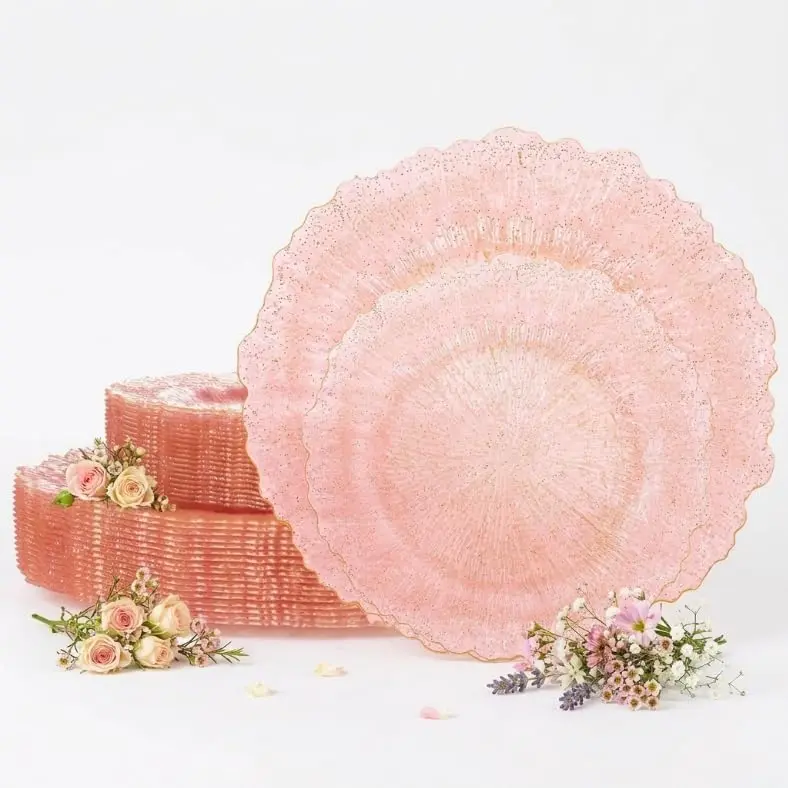 60PCS Pink Plates for Party - Pink Plastic Plates Disposable Heavy Duty - Clear Pink Plastic Plates for Mother's Day Including 30 Plastic Dinner Plates 10" & 30 Plastic Dessert Plates 7"