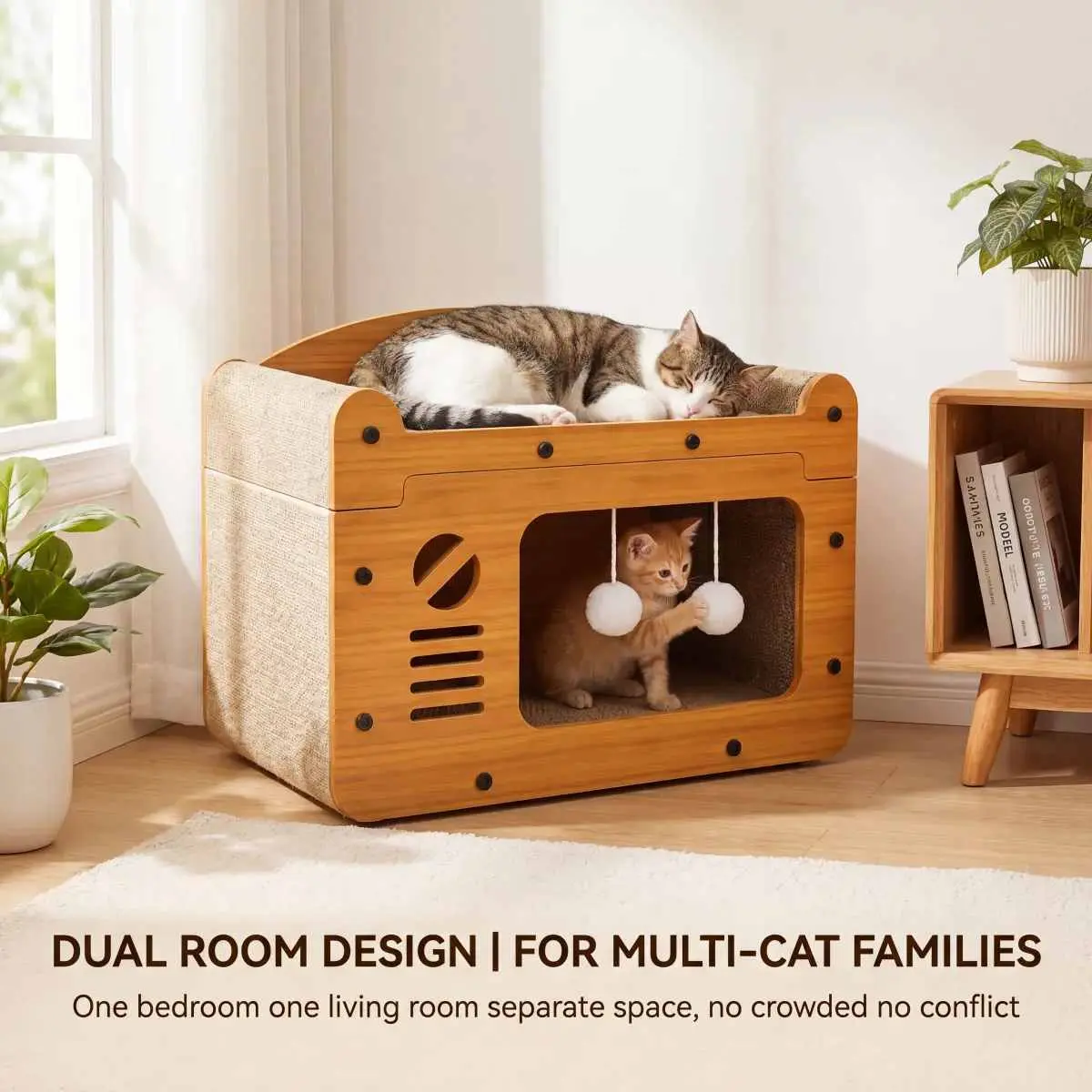 Solid Multi-Functional Wooden Cat House - All-in-1 Enclosure with Bed, Scratcher, and Toy Station