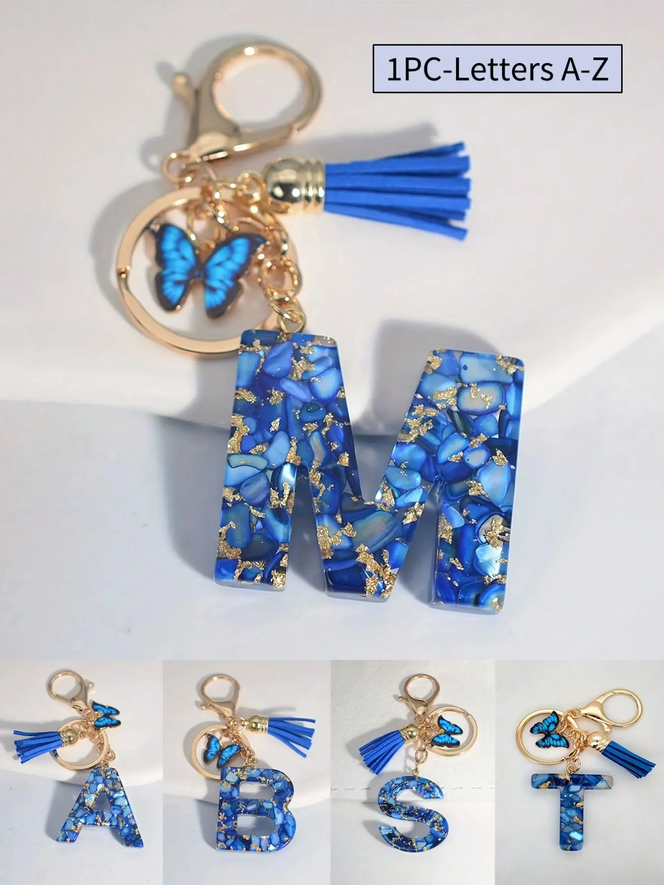 1 A-Y initials keychain, precious blue tassel butterfly, English letters keychain, crystal drip resin pendant, women's bag pendant, car pendant, Keychain For Bags, women's girl gift, Bling Bling Keychains