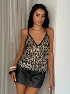 Shimmering Mesh Deep V Backless Top, Chic Luxe Style, Eye-Catching Figure Show, Perfect for Cool Parties, Street, Light Social Events