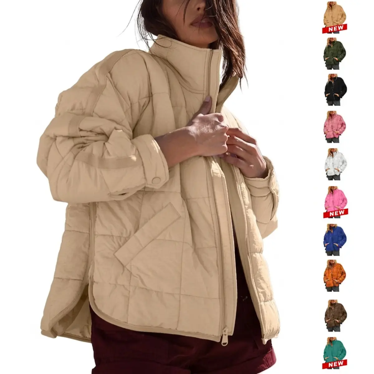 Yeokou Women's Chic Quilted Shacket, Cute Preppy Shirt Jacket, Lightweight Cotton Padded Button-Up Casual Coat with Pockets, Zipper, Rayon, Lady, Athletic, Plain