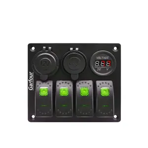Waterproof Boat Rocker Switch Panel 3.1A Volt Dual USB Socket LED Light Voltmeter Cigarette Lighter Socket 4 Bang Rocker Switch Panel for Car RV SUV Boat