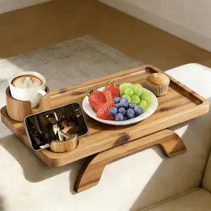 3-in-1 Couch Arm Tray with 360° Rotating Phone Holder, Clip on Sofa Armrest Table for Drinks & Snacks, Foldable Acacia Wood Tray Table for Bed Couch, Anti-Slip Non-Damage Clamp for Living Room