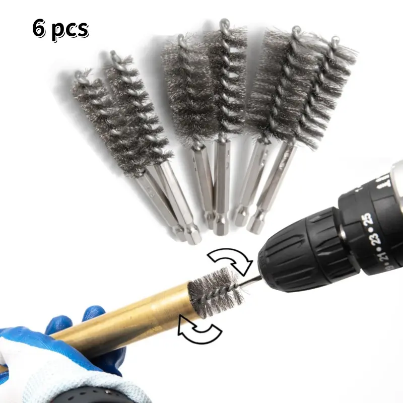 6pcs Copper Pipe Cleaner Set, 1/2-in 3/4-in 1-in Stainless Steel Wire Bore Brushes, 1/4-in Hex Shank for Power Drill, Home Supplies for Automotive Cleaning, Pipe Soldering Preparation & Efficiency Boost