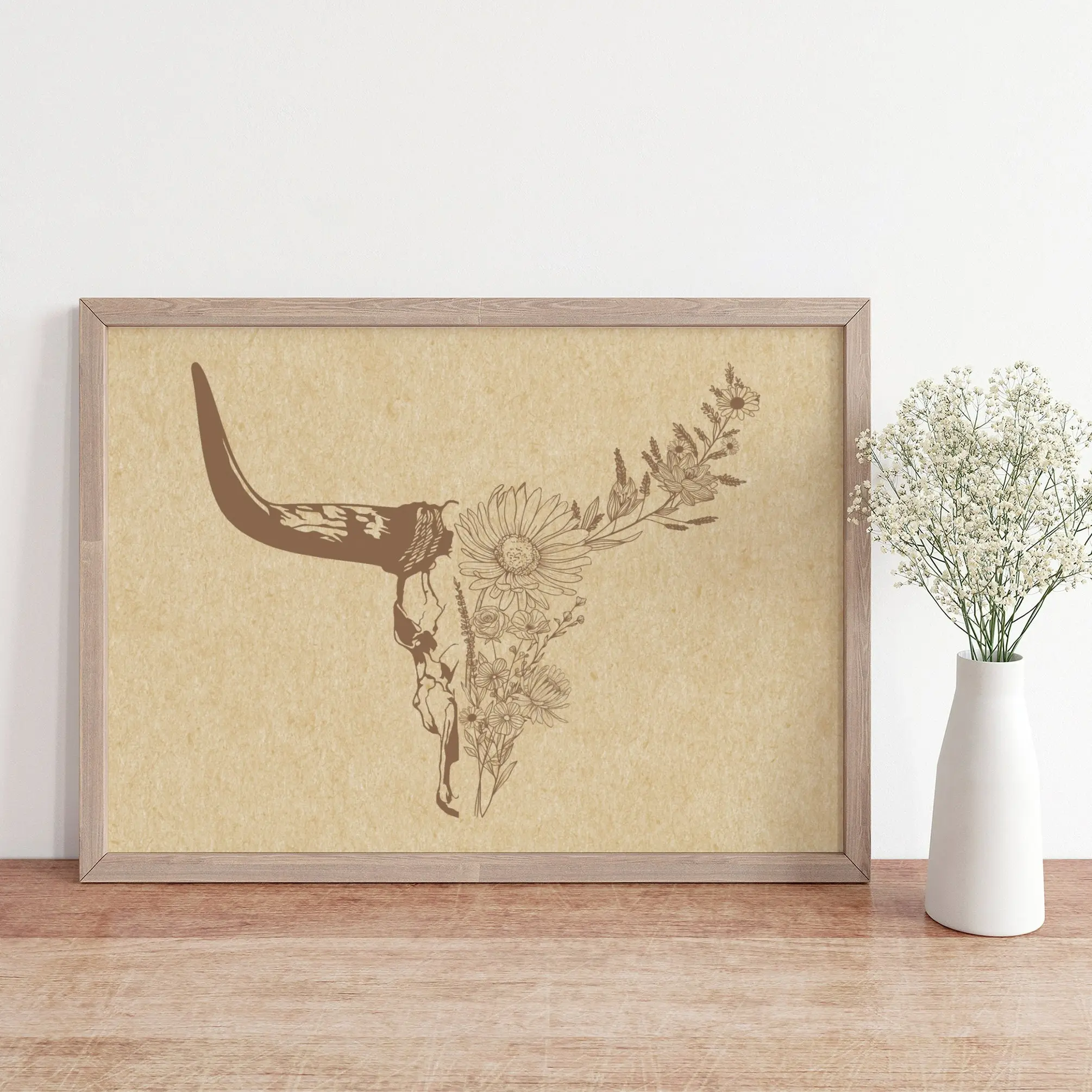 Longhorn Bull Skull Print with Floral Aesthetic Pattern Cow Skull Poster No Frame Southwestern Art Desert House Decor Western Gift Artistic Home Decoration Wooden Wall Art Decorative