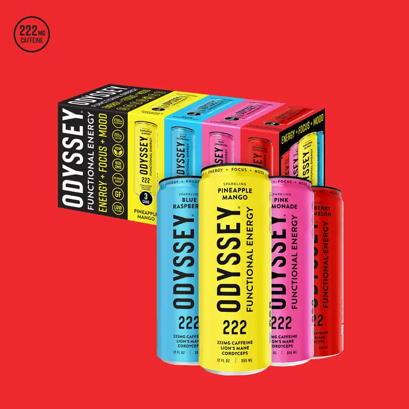 Odyssey 222 Functional Energy Drink 12-Pack - 222mg Caffeine, Cordyceps, Lion's Mane, Panax Ginseng - 0 Added Sugar - Cognition & Energy Booster - US Beverage Supplement Enhancer