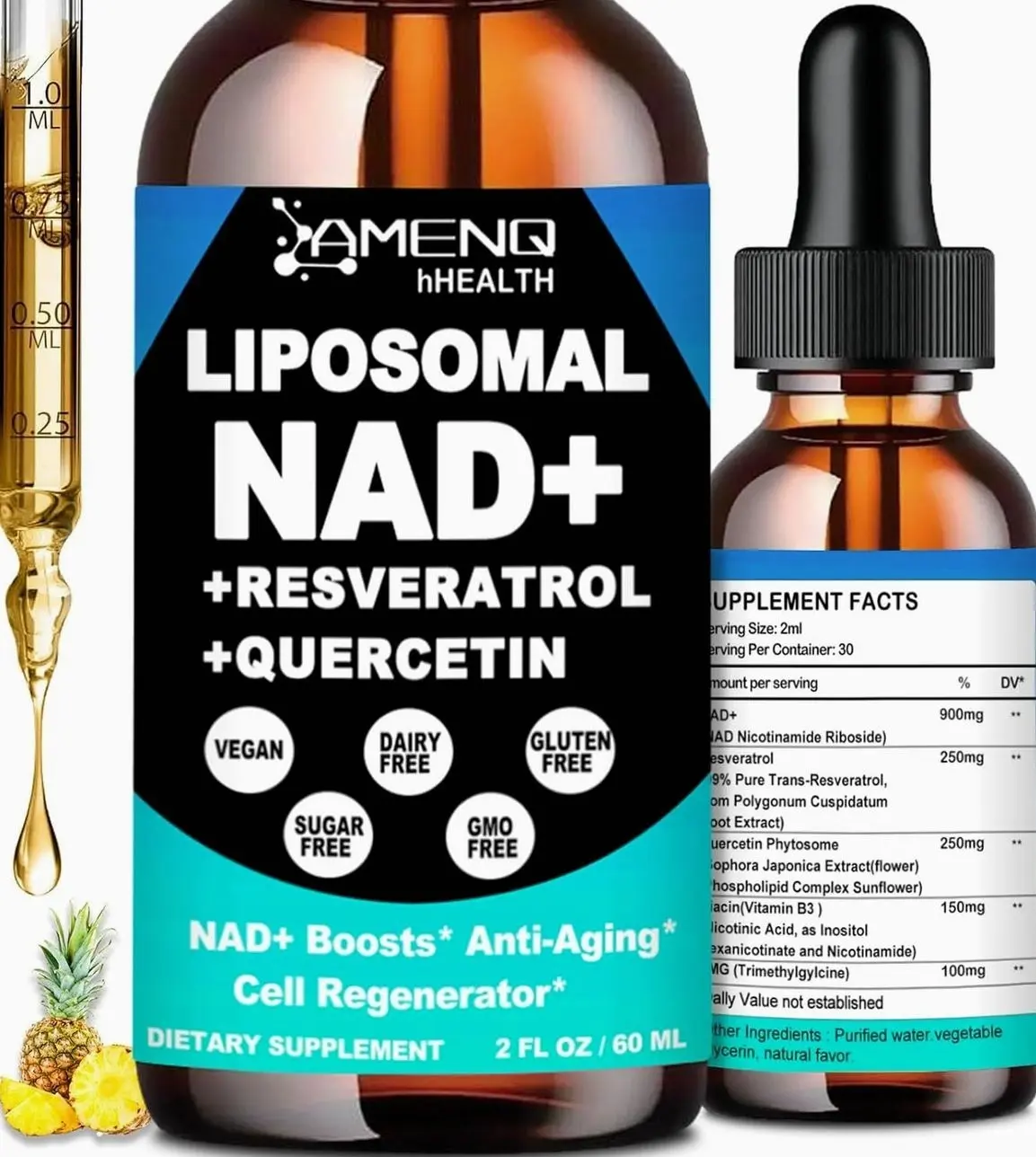 NAD Supplement, Liposomal NAD Nicotinamide Riboside Resveratrol 900mg Quercetion, TMG, Vitamin B3, High Potency NAD Plus Liquid Supplement for Cell Regenerator, Longevity, Energy, Anti-Aging, Focus