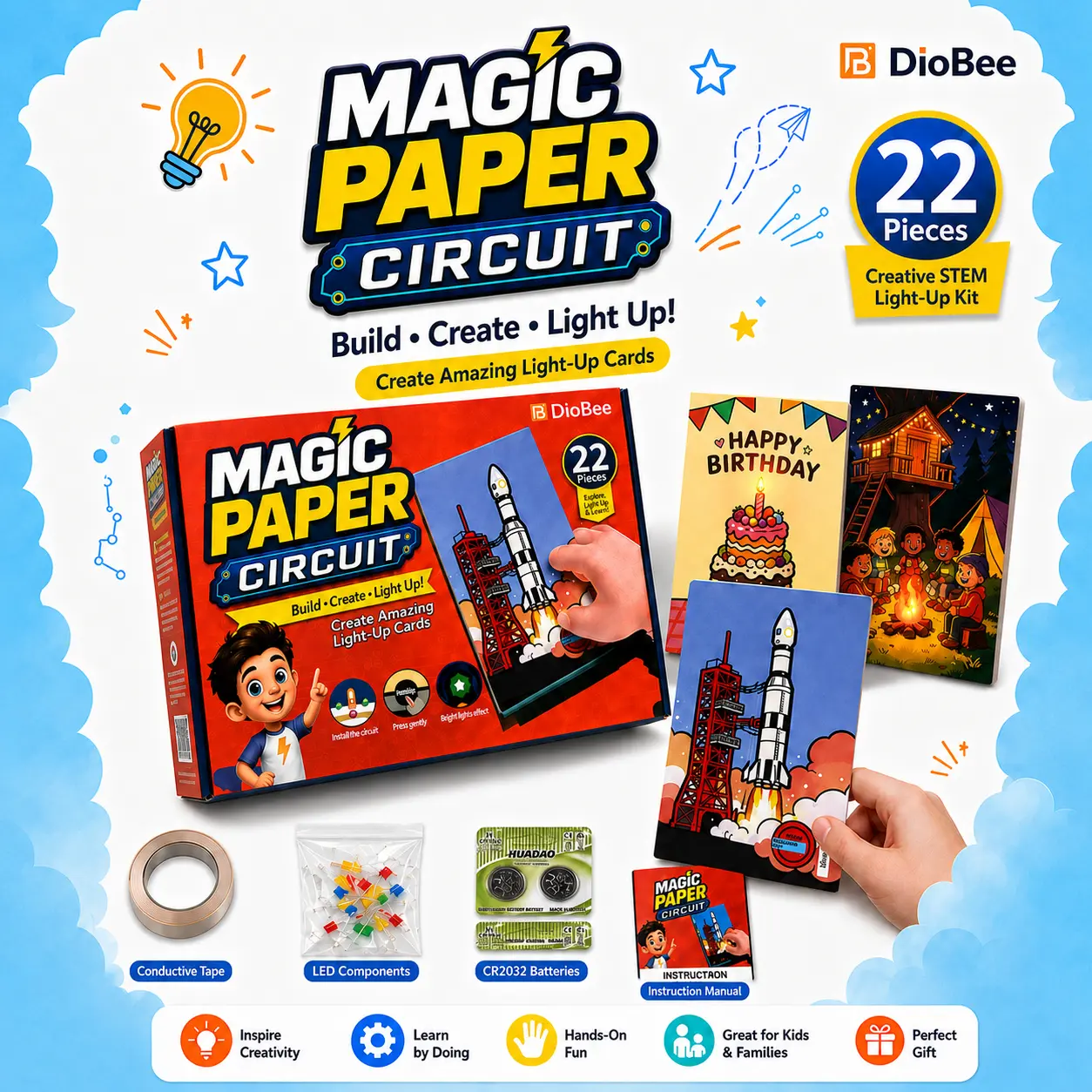 Diobee Unisex STEM Magic Paper Circuit Kit for Kids Ages 8+, 22-Piece Craft Supplies with Basic Circuits, LED Lights, Batteries, DIY Light-Up Cards, Hands-On Science Toy