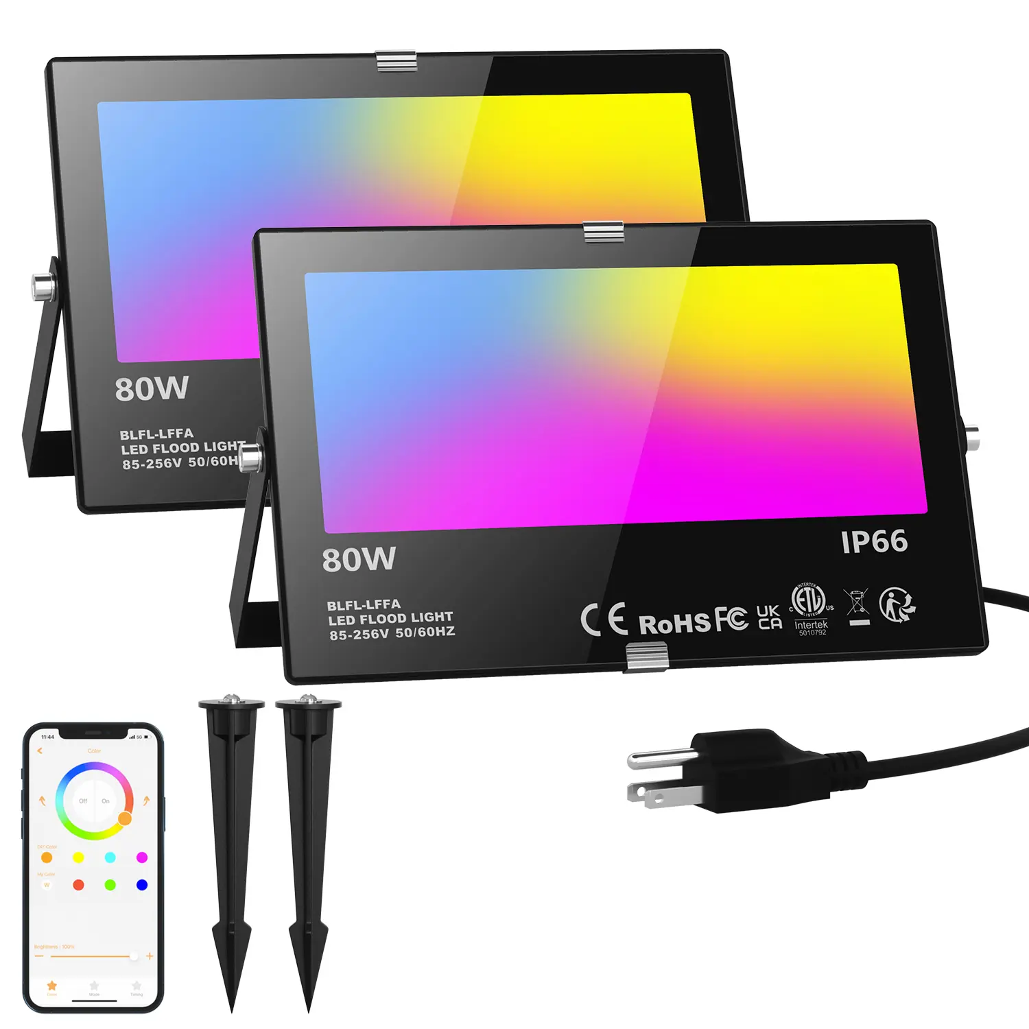 LED Flood Light Outdoor, 800W Equivalent 8000LM, Smart RGB Landscape Lighting with APP Control, IP66 Waterproof Color Changing Uplight, Daylight 5700K 23 Modes Floodlight for Garden Yard Stage, 2 Pack