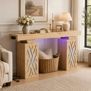 ISUNIRM 63-Inch Modern Farmhouse Console Table, Hollow Carved Storage Legs, 400+ lbs Load Capacity, Reversible Outlets & RGB Light, Space-Saving Wood Sofa Table for Hallway Foyer