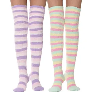 Womens Thigh High Fuzzy Socks Warm Winter Over Knee High Long Striped Fluffy Cozy Fleece Socks 2 Pairs Women's Extra Long Thigh High Socks Breathable Over-the-Knee Striped Stockings