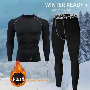 Combat Pro Men's Fleece Thermal Underwear Set Winter Warm Undershirts Long Elastic Compression Tights Fitness Sports Tracksuit Set for Cold Weather