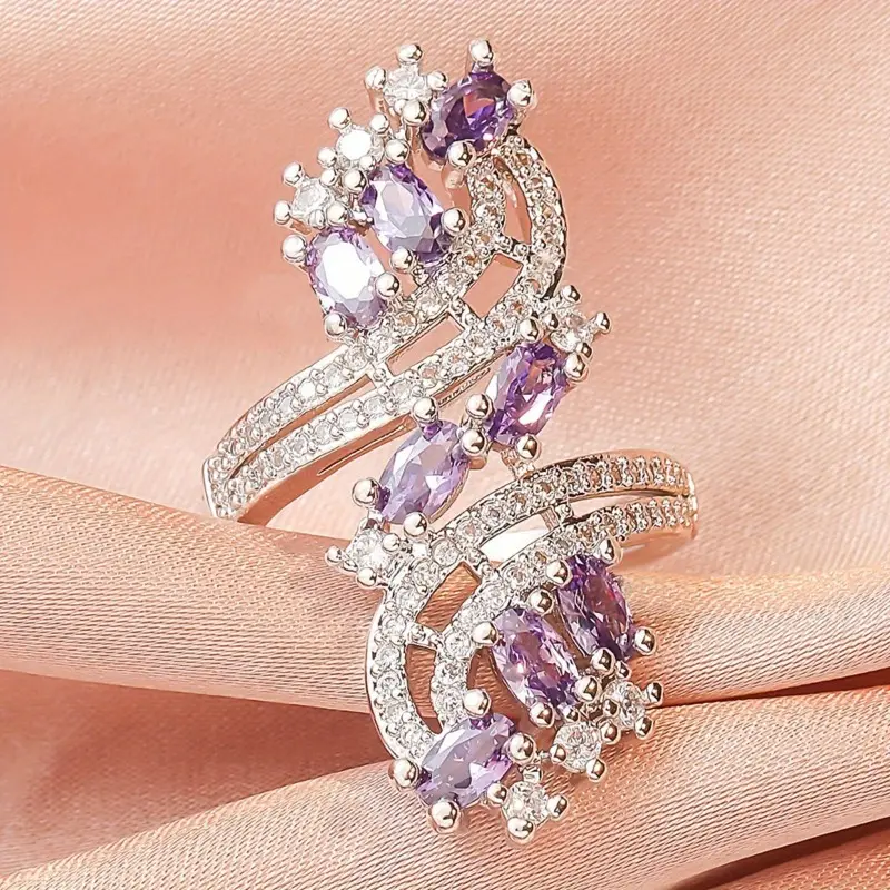 1pc Gorgeous Shiny Amethyst Zirconia Ring - Wedding Engagement Promise Ring - Bridal Stone & Anniversary Ring - Holiday Gift Adjustable Rings Heart Cluster Ring