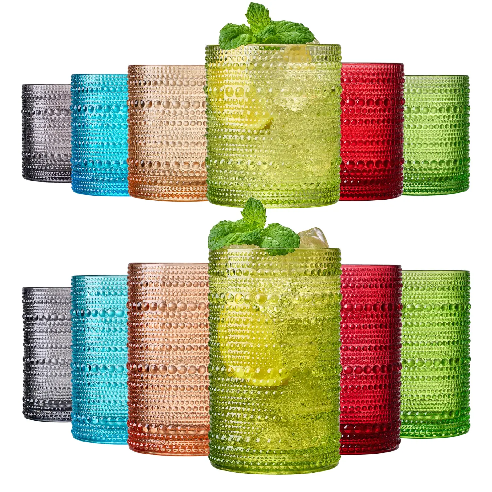 Khen Hobnail Beaded Highball Drinking Tumbler Glasses | Set of 12 | Autumn Colors Vintage Bubble Design Whiskey Glassware, Old-Fashioned, Embossed Design Water, Wine, Cocktail Rocks Glasses