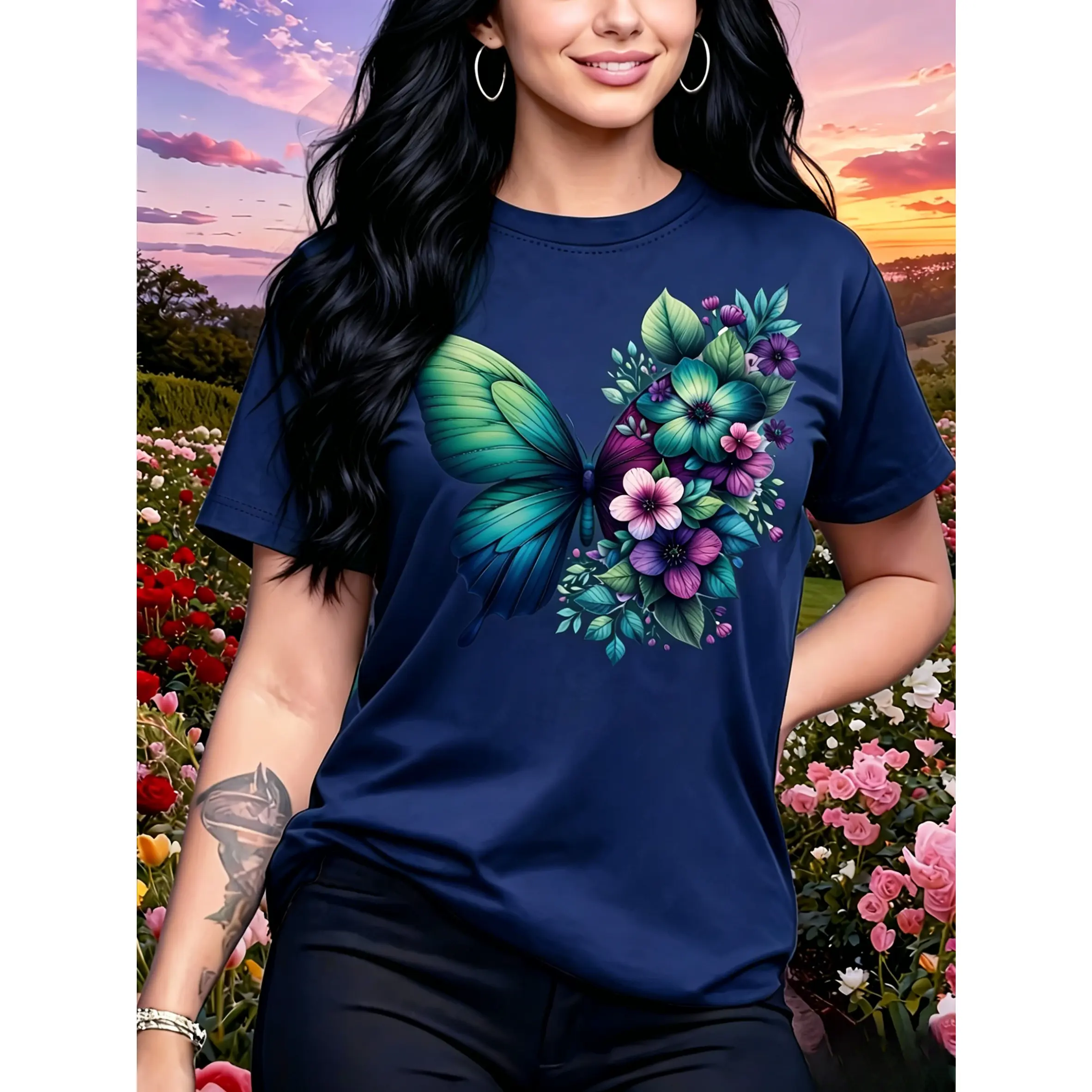 Cotton Floral Butterfly T-Shirt, Watercolor Half Flower Half Butterfly Design, Nature Lover Everyday Top