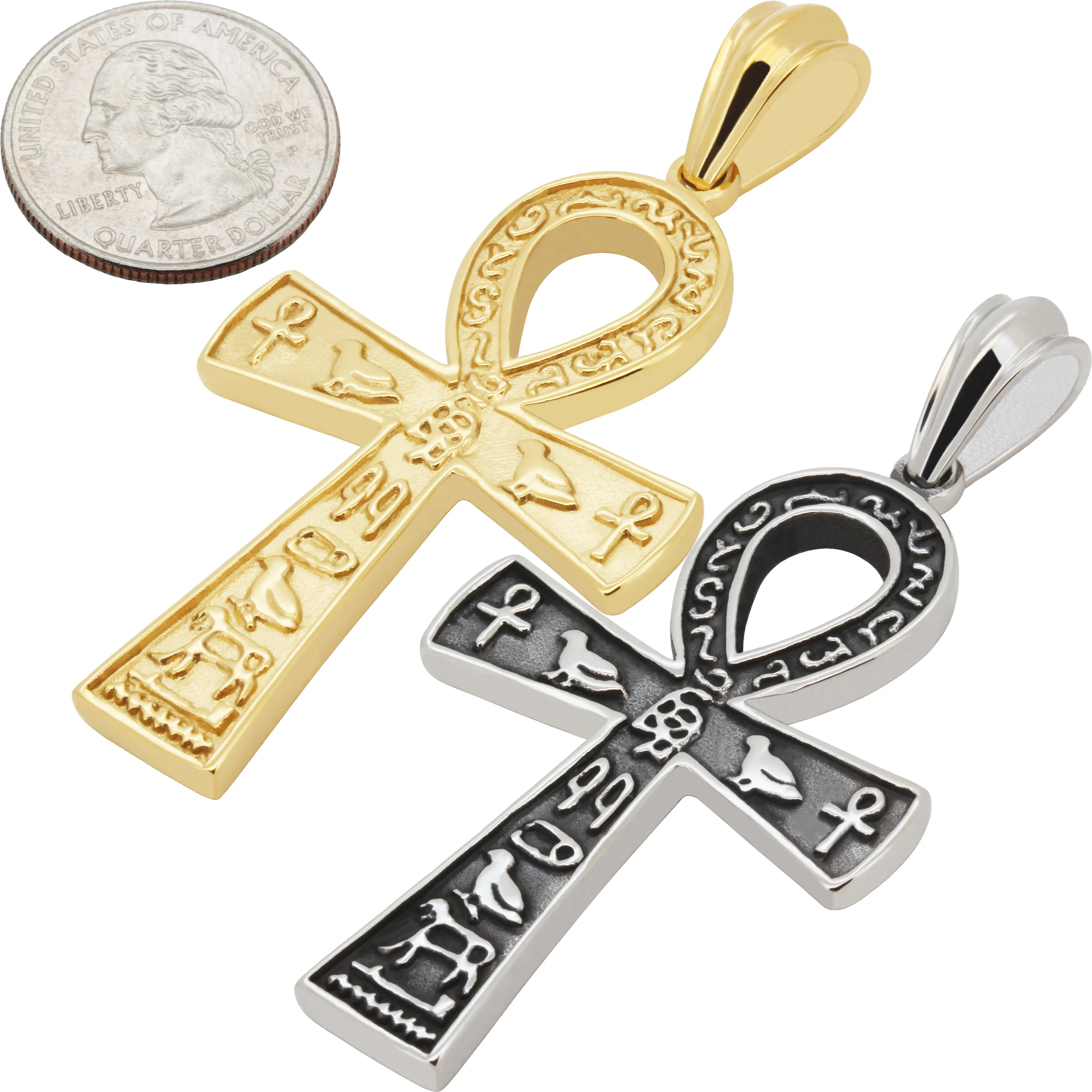 316L Stainless Steel 18k Yellow Gold Plated Engraved Egyptian Ankh Cross Pendant