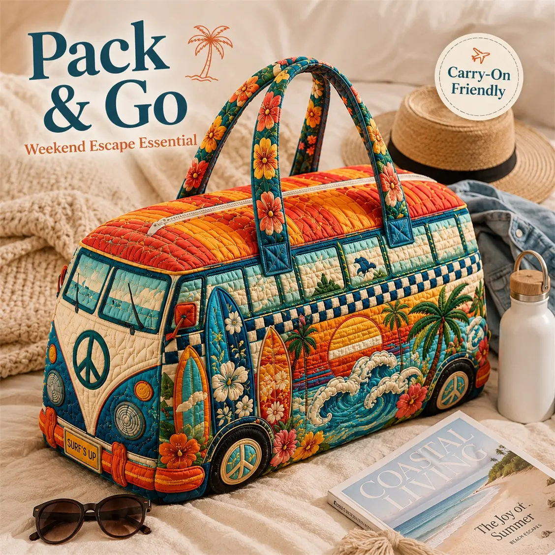 Retro Surf Van Quilted Duffel Bag for Women, Tropical Beach Weekender Travel Bag, Large Capacity Overnight Carry On Tote, Summer Vacation Gym Bag for Road Trips, Pool, Camping & Weekend Getaways
