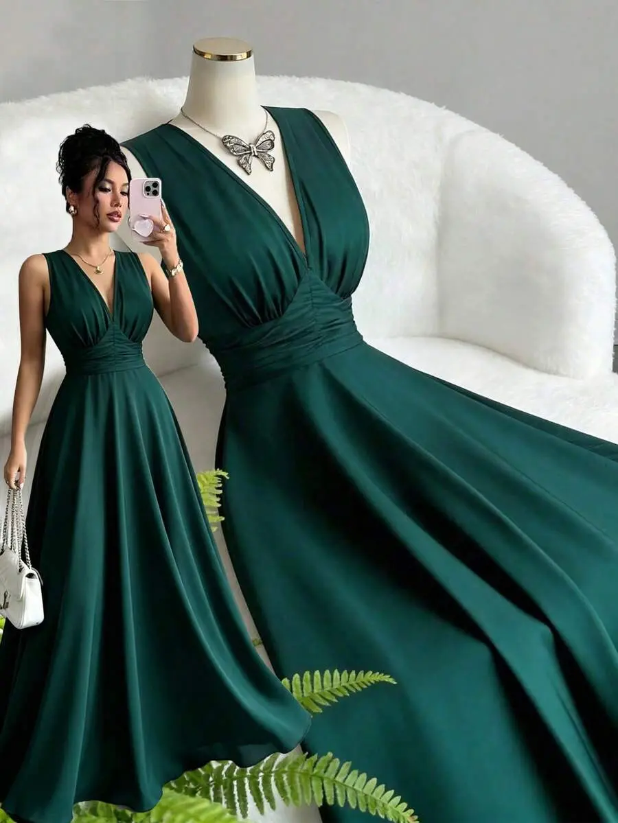 Women's Solid Color Deep V-Neck Ruched Waist Elegant Long Dress, Suitable For Dates And Parties