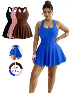 Women's Solid Square Neck Sports Dress with Inner Pocket Casual Sporty Short Sleeve Skorts for Daily Outdoor Sport Tennis Athletic Wear 2 Piece Set