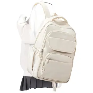 Cute School Backpack for Teens Girls Boys Waterproof School Bag Basic Backpack for College Students Multi Pocket Backpack Lightweight Casual Daypack Backpacks for Women Men（Beige）
