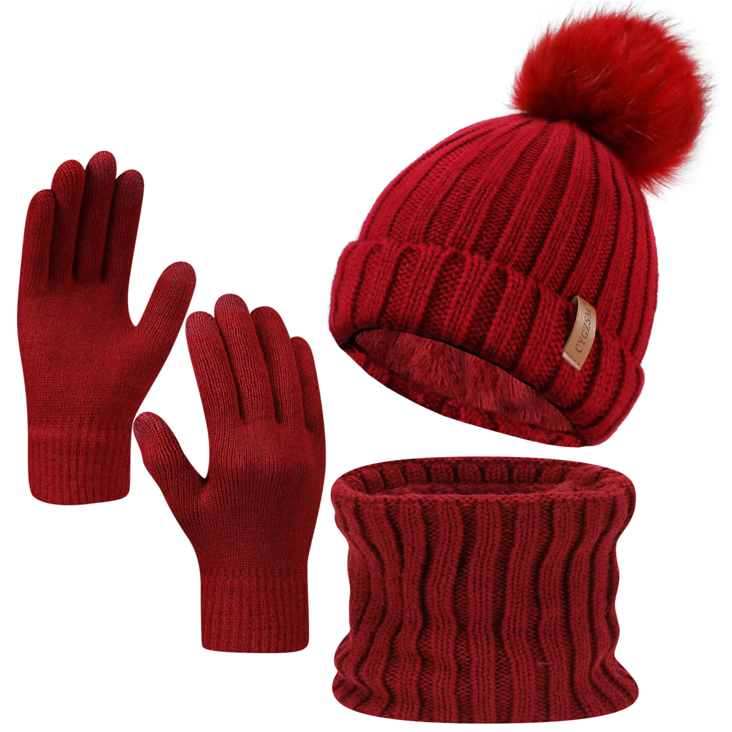 Women's 3-Piece Fleece-Lined Accessory Set - Knitted Beanie Hat, Thick Scarf, Touchscreen Safe Gloves for Sports, Outdoor Activities
