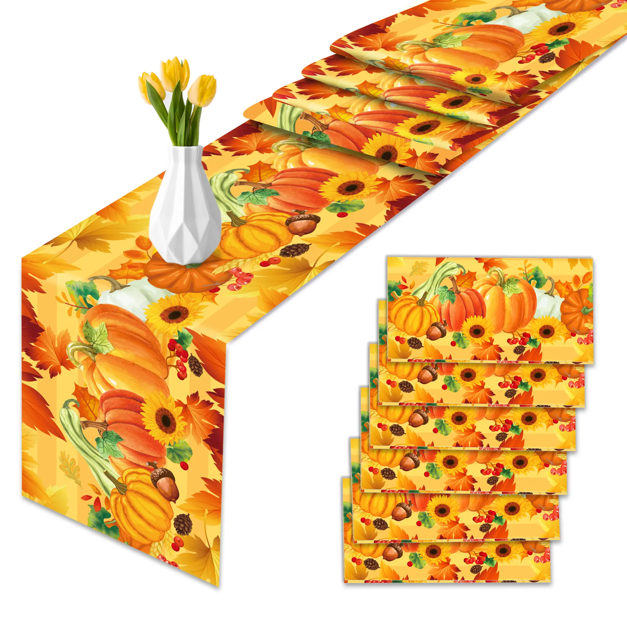 1 piece watercolor pumpkin and maple leaf autumn table flag, 275×35 cm; harvest Thanksgiving dining table decoration; retro farmhouse-style living room/kitchen table mat; suitable for Thanksgiving family dinners and autumn harvest party table décor.