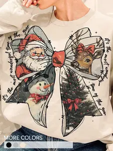 Festive "It's the Most Wonderful Time of the Year" Christmas Sweatshirt, Novelty Big Bow Design with Santa and Reindeer, Unisex Holiday Party Pullover