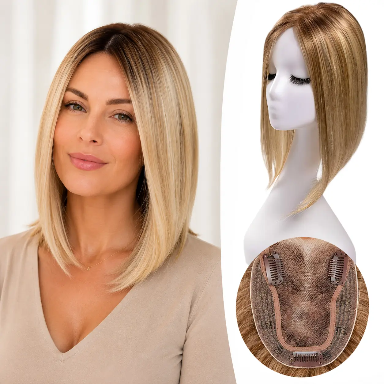 EC Natural Straight 14" Synthetic Topper 50g – 4x4.8" Knotted Lace Cap, 3D 360° Airy Design, 3 Anti-Slip Clips No Glue Needed, Perfect Grey Root Blending & Everyday Fluffy Volume for Classy Looks