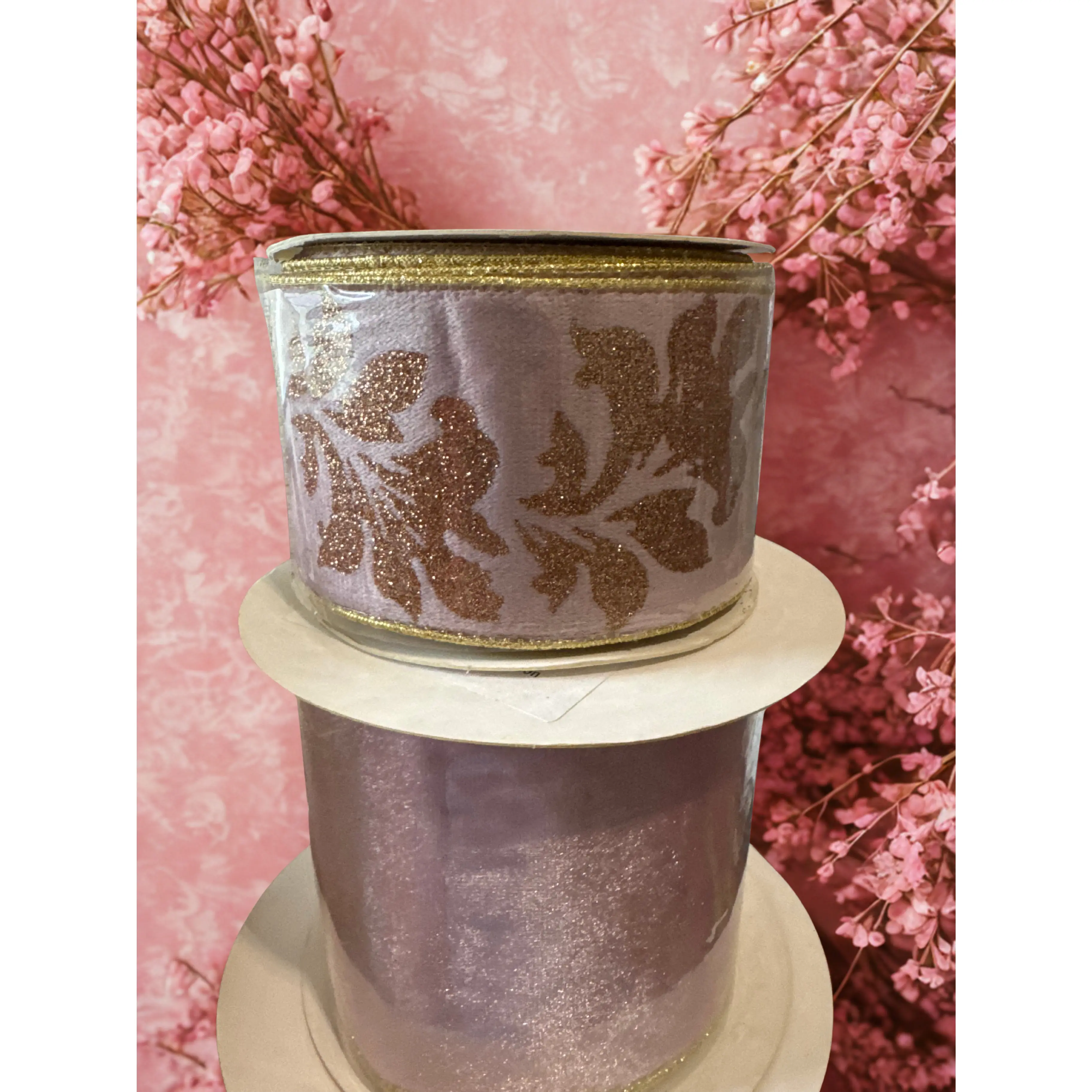 2.5-in Luxury Pink Velvet Ribbon with Gold Leaf Glitter, Gold Edge - 2.5x10yd, for DIY Crafts, Christmas Trees, Bridal Shower Sewing Accessories