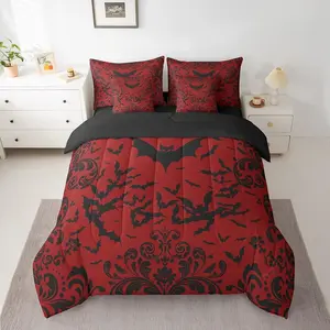 Halloween Bat Bedding Set,Red Black Gothic Comforter Set,7 Piece Men Goth Damask Bats Bed in A Bag with Sheets,Halloween Animal Bed Set