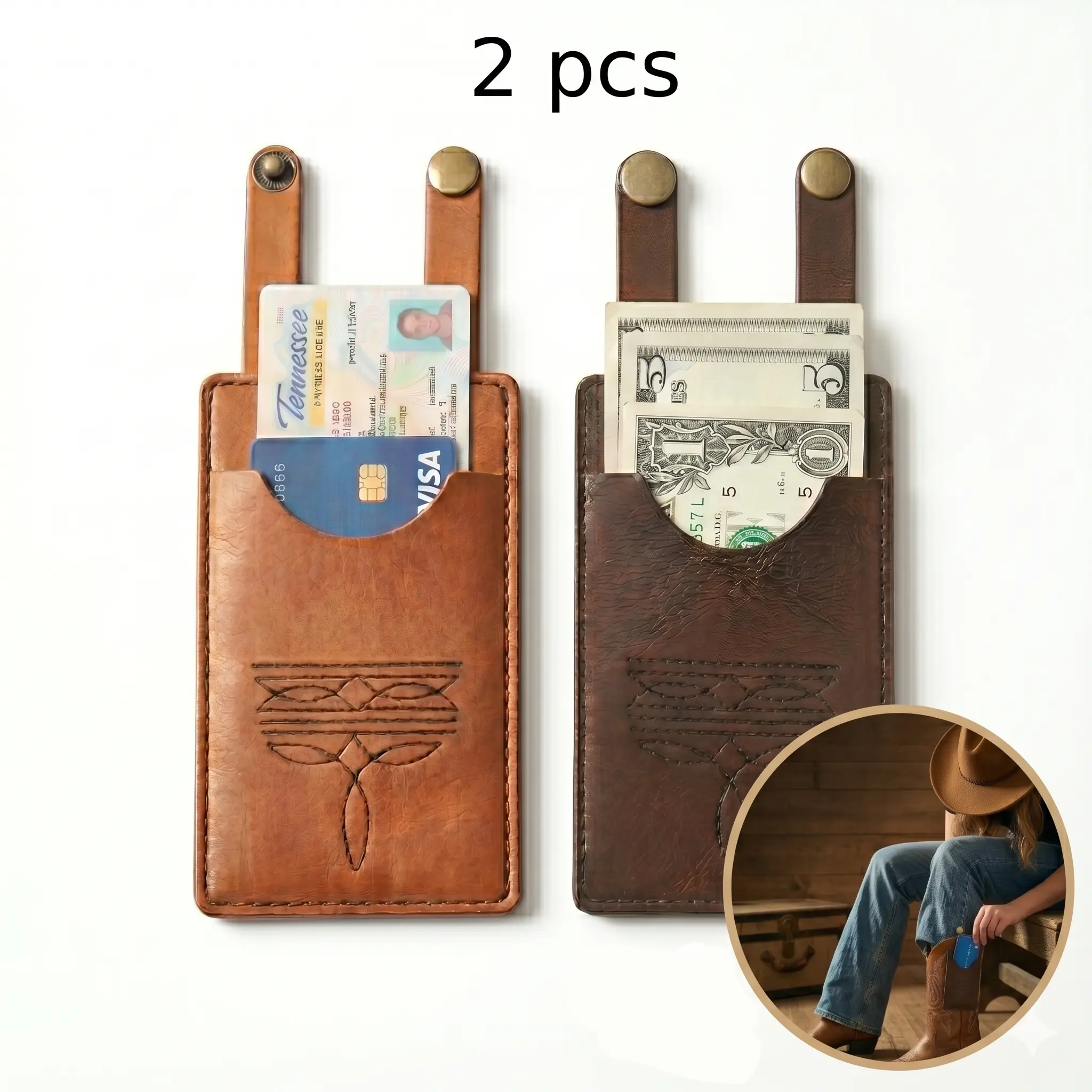 Women's 2-Pcs Vegan Leather Boot Wallet - Lightweight Plain Anti-Theft Portable Mini Card Slot Wallet, Western Cowgirl Everyday Carry Accessory for Country Concert, Rodeo Mom Gift