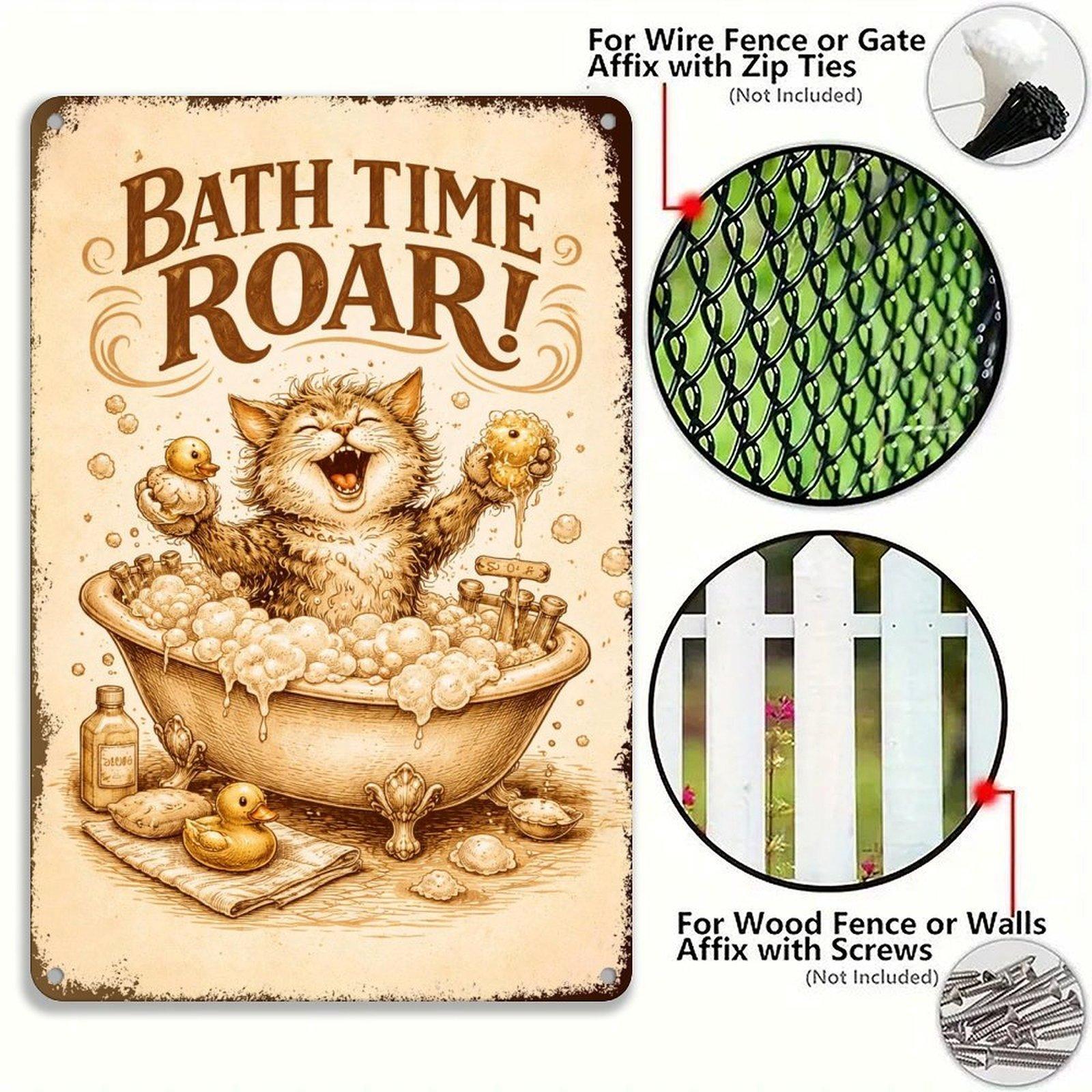 Bath Time Roar – Funny Cat Bathtub Art Print – 8x12 Inch Metal Sign for Bathroom, Kitchen, or Home Decor