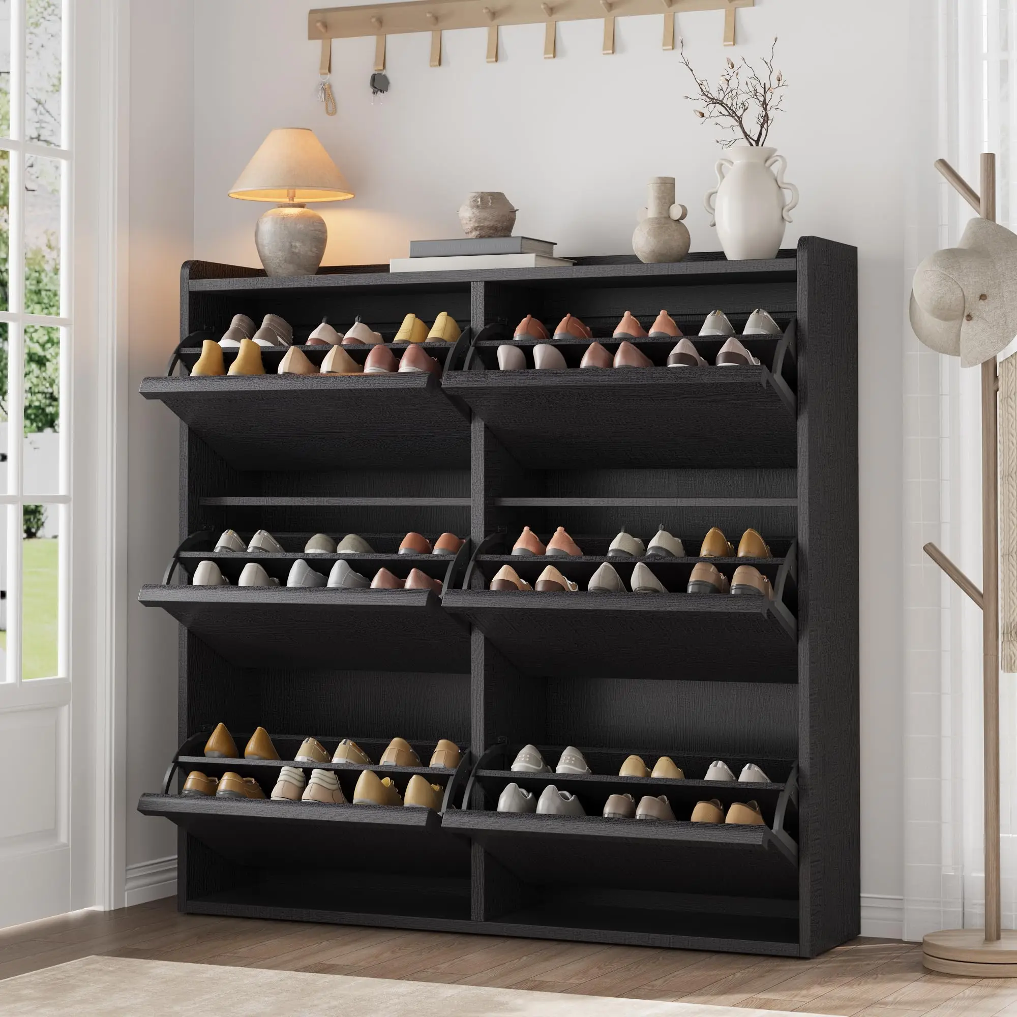 Black Engineered Wood 6-Flip Drawer Shoe Cabinet with Adjustable Shelf, Racks - Durable Construction, Inviting Finish, Easy Setup, Footwear Storage Practical Solution for Entryway, Hallway