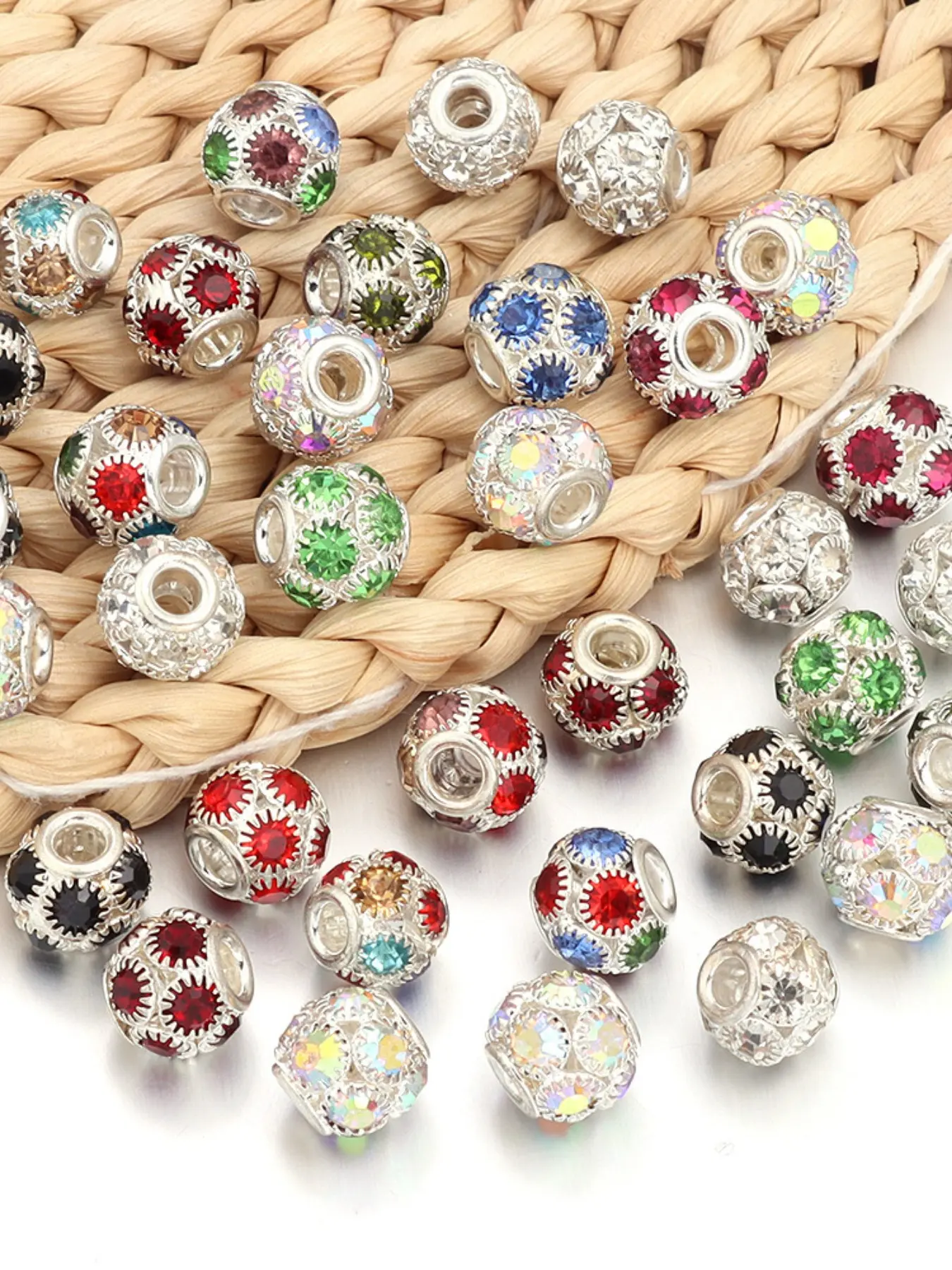 20/50pcs 12mm Sparkling Rhinestone Inlaid Large Hole Copper Spacer Beads, European Style Charm Beads Different Colors for DIY, for Creating Unique Bracelets & Necklaces Fits Snake Chain, Bead Assortment, DIY Beading Accessories, Jewelry Making Supplies