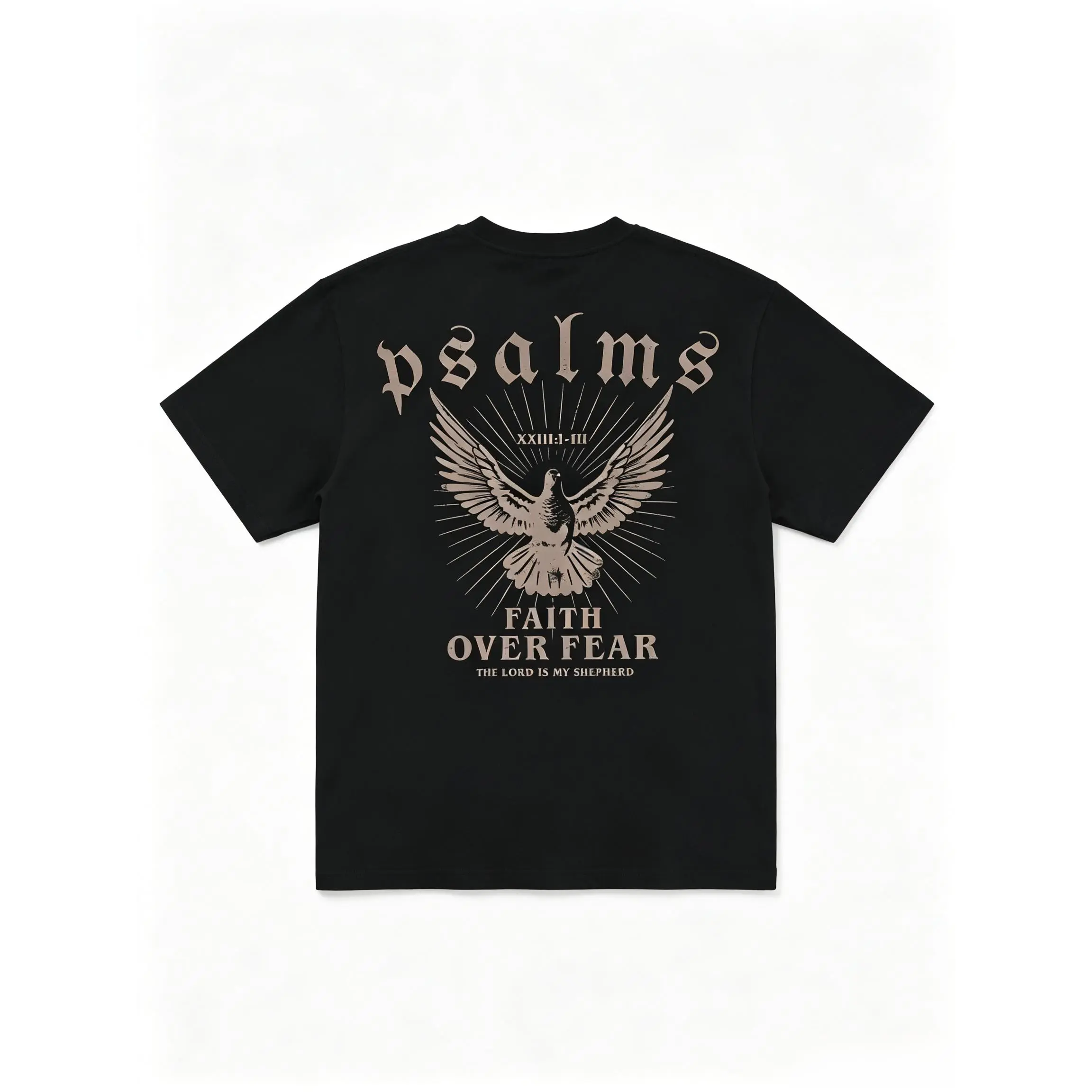 Men's Faith Over Fear Print Crew Neck Short-Sleeve T-Shirt - Psalm 93:4 Design, Loose Fit, Glossy Black, Menswear Tops, Casual Wear Sports Fan Gift