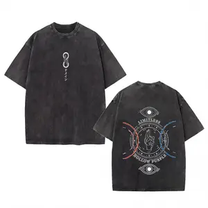 Trendy anime Jujutsu Kaisen Satoru Gojo vintage washed tee, retro distressed short-sleeve shirt, official anime print, soft 100% cotton, breathable and durable, perfect for streetwear, casual outings, cosplay, and anime fans, limited edition collectible