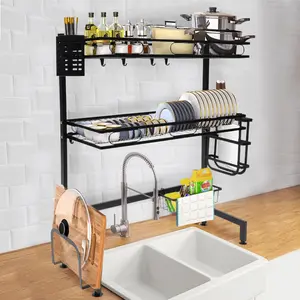 CNCEST 2-Tier Over Sink Dish Drying Rack with Adjustable Storage Baskets and Hooks Anti-Slip Space-Saving Carbon Steel Kitchen Storage Organizer