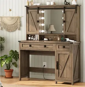AOGLLATI Farmhouse Brown Makeup Vanity Desk with Makeup Vanity Glass, Lights, Barn Doors, Charging Station, Jewelry Hooks, Open Storage Shelves (Mother's Day Gift Idea)