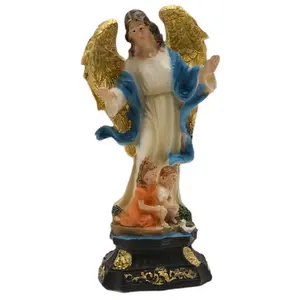 Angel de La Guarda 5" Inches Tall Blanco con Azul Estatua - Detailed Figure Guardian Angel Brand New Statue Religious Decor Saint
