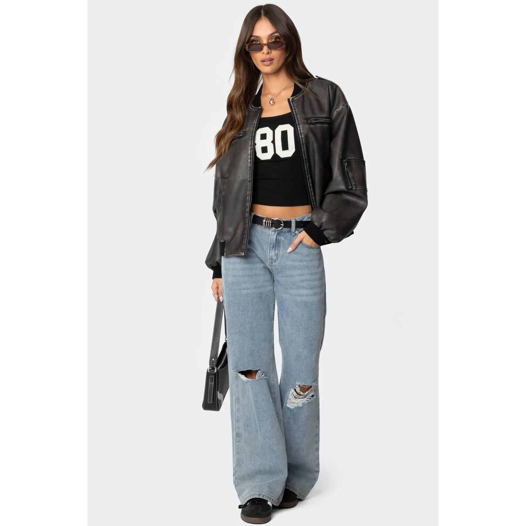 Vava Washed Faux Leather Bomber Jacket
