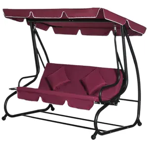3-Seat Outdoor Patio Swing Chair - Convertible Flatbed Swing Glider with Adjustable Canopy, Removable Cushion, Removable Pillows for Porch, Garden